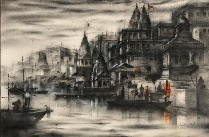 Cityscape acrylic painting titled 'Banaras Ghat 43', 36x60 inches, by artist Sandeep Chhatraband on Canvas