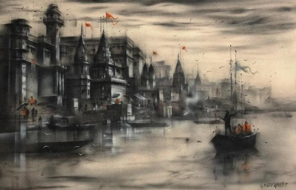 Cityscape acrylic painting titled 'Banaras Ghat 44', 36x60 inches, by artist Sandeep Chhatraband on Canvas