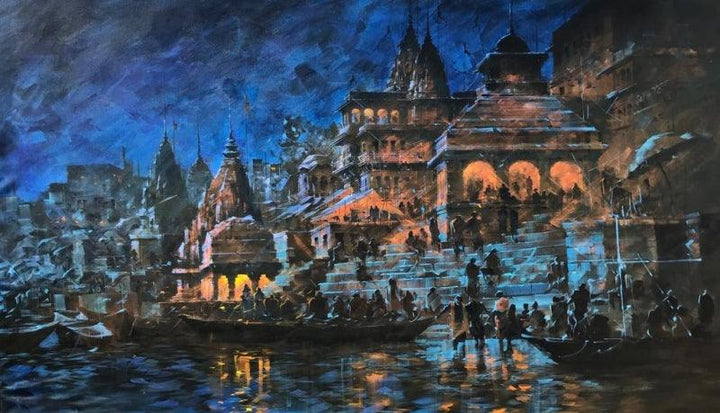 Cityscape acrylic painting titled 'Banaras Ghat 45', 48x84 inches, by artist Sandeep Chhatraband on Canvas