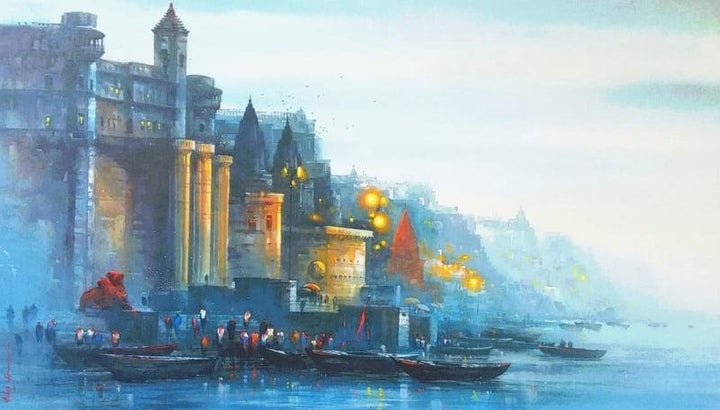 Cityscape acrylic painting titled 'Banaras Ghat 47', 36x60 inches, by artist Ashif Hossain on Canvas