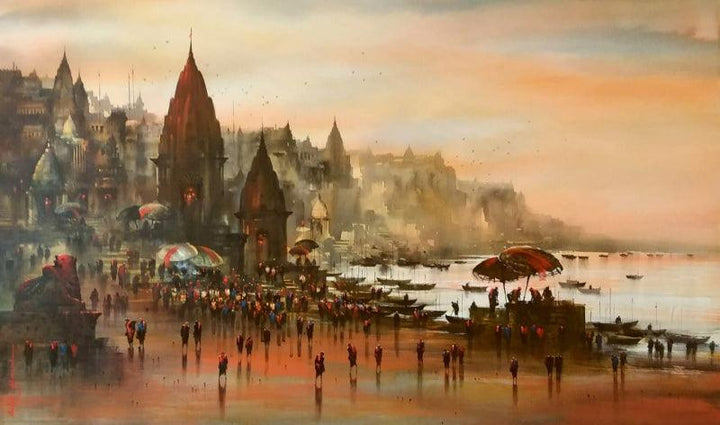 Cityscape acrylic painting titled 'Banaras Ghat 48', 36x60 inches, by artist Ashif Hossain on Canvas