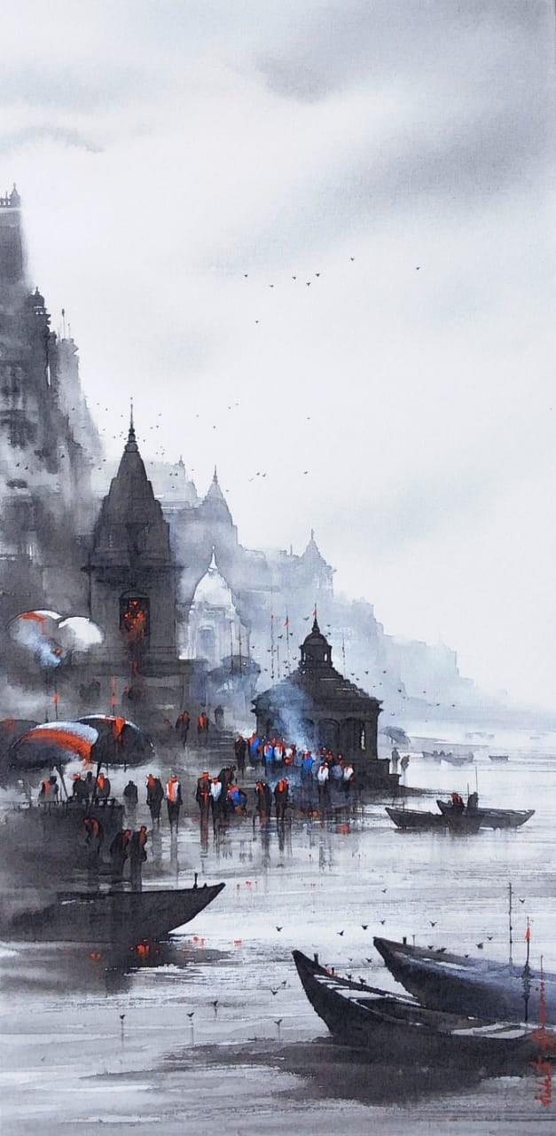 Cityscape acrylic painting titled 'Banaras Ghat 49', 36x18 inches, by artist Ashif Hossain on Canvas