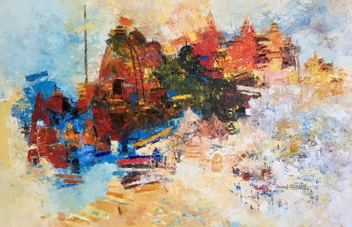 Religious oil painting titled 'Banaras Ghat 5', 24x36 inch, by artist Anand Narain on Canvas