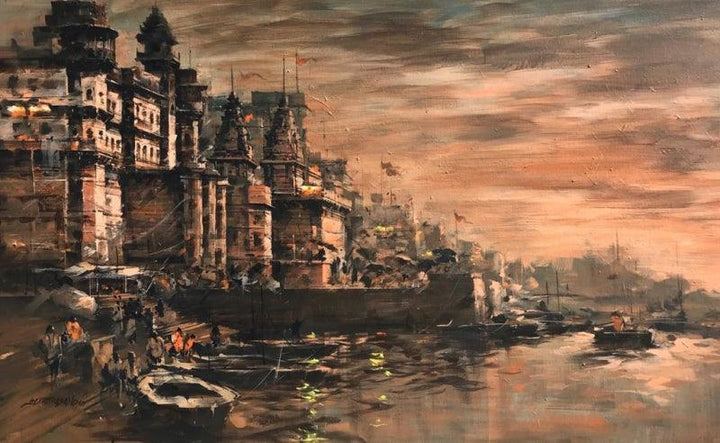 Cityscape acrylic painting titled 'Banaras Ghat 50', 36x60 inches, by artist Sandeep Chhatraband on Canvas