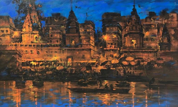 Cityscape acrylic painting titled 'Banaras Ghat 51', 36x60 inches, by artist Sandeep Chhatraband on Canvas