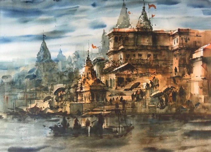 Cityscape watercolor painting titled 'Banaras Ghat 54', 22x30 inches, by artist Sandeep Chhatraband on Paper