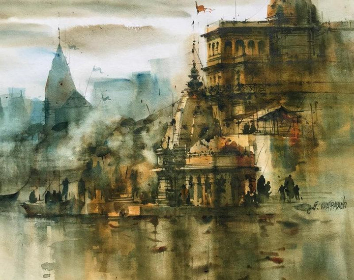 Cityscape watercolor painting titled 'Banaras Ghat 55', 22x30 inches, by artist Sandeep Chhatraband on Paper