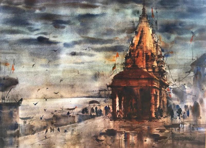 Cityscape watercolor painting titled 'Banaras Ghat 56', 22x30 inches, by artist Sandeep Chhatraband on Paper