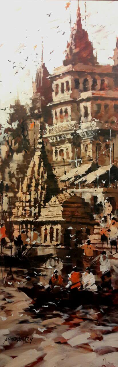 Landscape acrylic painting titled 'Banaras Ghat 6', 29x58 inches, by artist Sandeep Chhatraband on Canvas