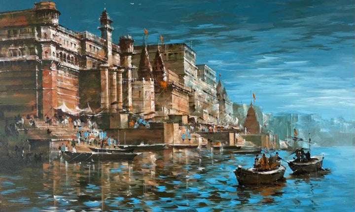 Cityscape acrylic painting titled 'Banaras Ghat 62', 36x60 inches, by artist Sandeep Chhatraband on Canvas