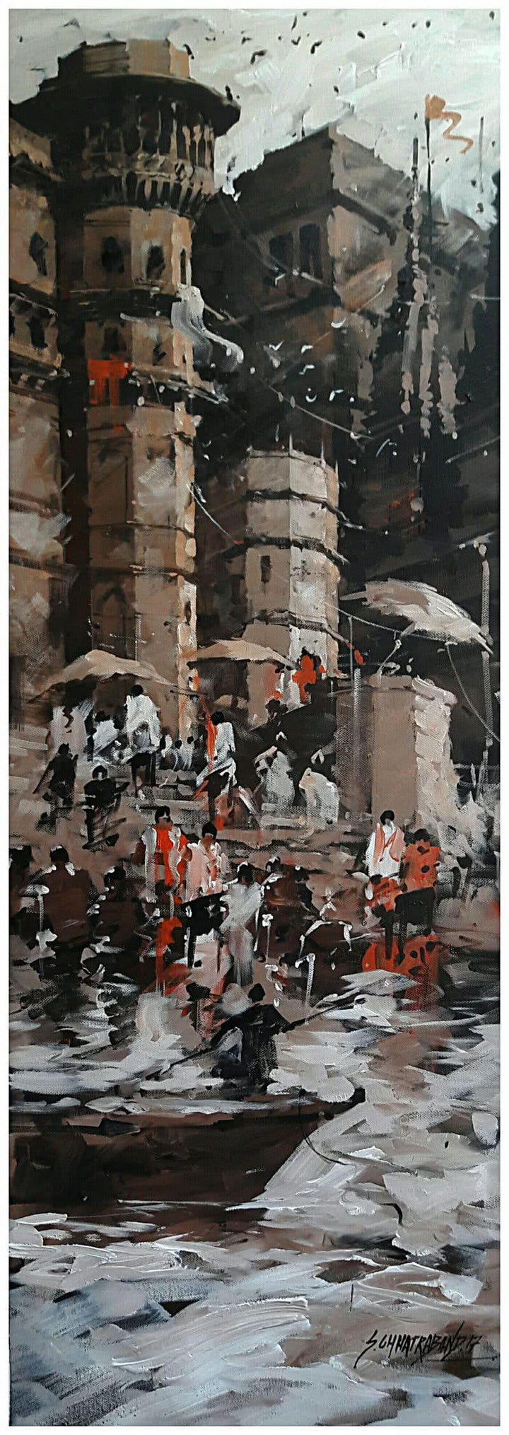 Landscape acrylic painting titled 'Banaras Ghat 7', 29x58 inches, by artist Sandeep Chhatraband on Canvas