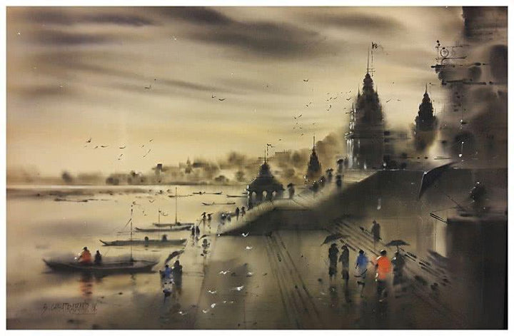 Landscape acrylic painting titled 'Banaras Ghat 8', 12x36 inches, by artist Sandeep Chhatraband on Canvas