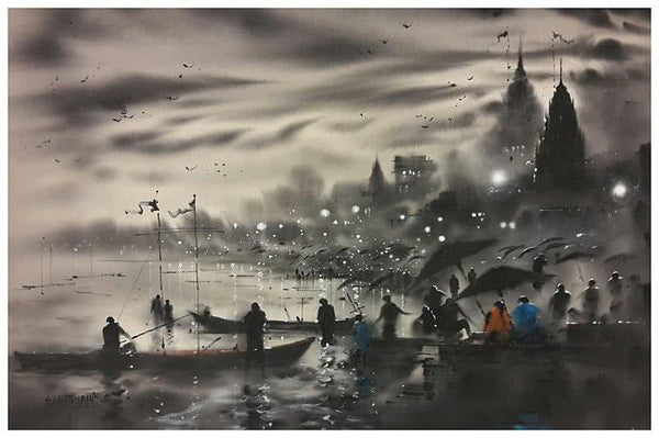 Landscape acrylic painting titled 'Banaras Ghat 9', 12x36 inches, by artist Sandeep Chhatraband on Canvas