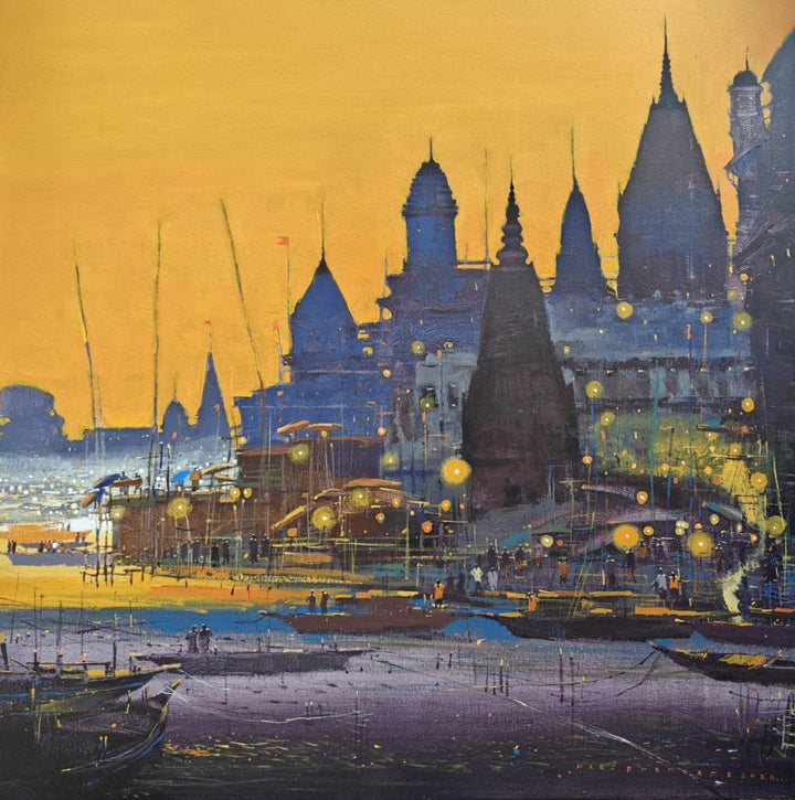 Religious acrylic painting titled 'Banaras Ghat', 36x36 inch, by artist Hari Dhongade on Canvas