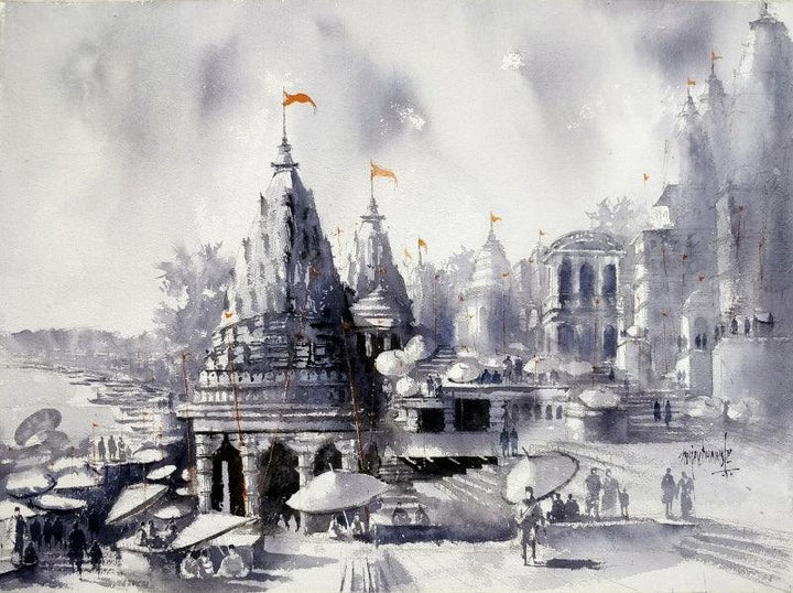 Landscape watercolor painting titled 'Banaras Ghat', 22x30 inches, by artist Sanjay Dhawale on Handmade paper