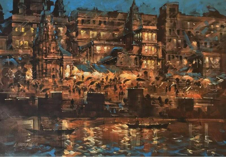 Cityscape acrylic painting titled 'Banaras Ghat At Night', 27x38 inches, by artist Sandeep Chhatraband on Canvas