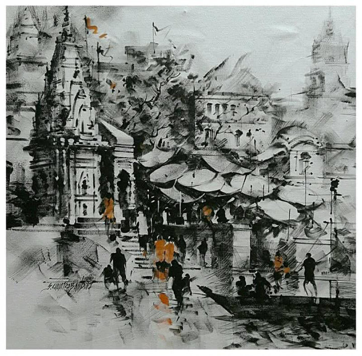 Cityscape acrylic painting titled 'Banaras Ghat Black And White', 24x24 inches, by artist Sandeep Chhatraband on Canvas