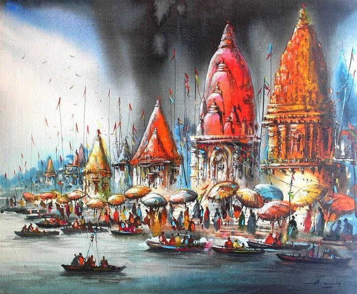 Cityscape acrylic painting titled 'Banaras Ghat II', 30x36 inches, by artist Ananda Das on Canvas