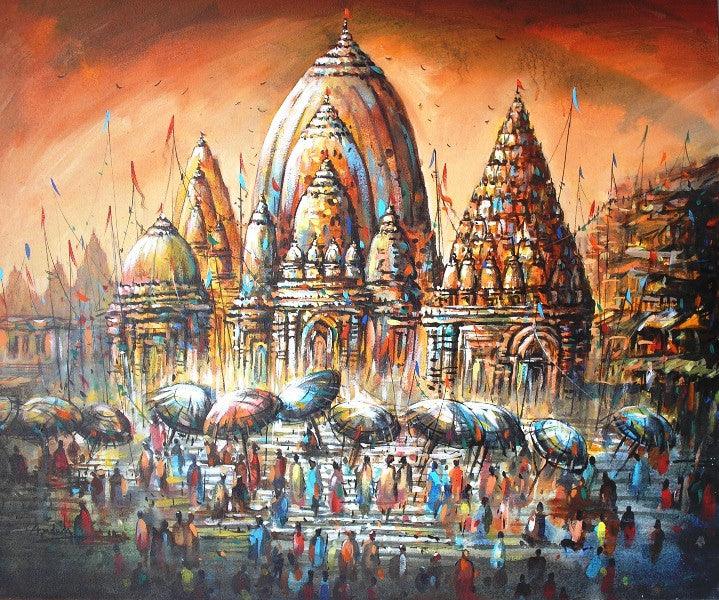 Cityscape acrylic painting titled 'Banaras Ghat III', 30x36 inches, by artist Ananda Das on Canvas