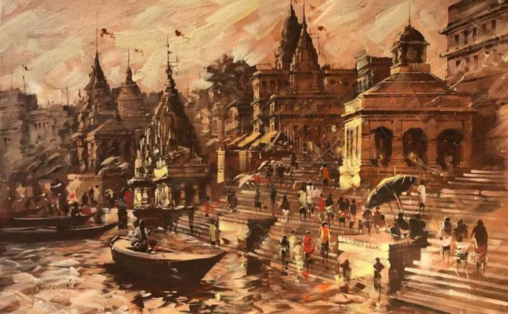 Cityscape acrylic painting titled 'Banaras Ghat Morning View', 33x51 inches, by artist Sandeep Chhatraband on Canvas