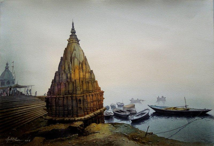 Landscape watercolor painting titled 'Banaras Ghat No 6', 22x15 inches, by artist Amit Bhar on paper