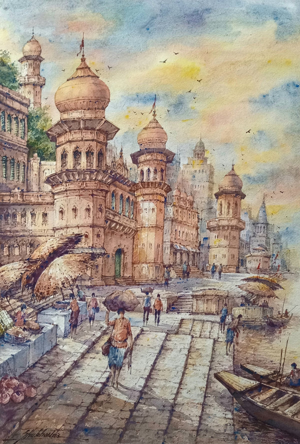 Religious watercolor painting titled 'Banaras Ghat Series 3', 22x15 inch, by artist Shubhashis Mandal on Handmade Paper