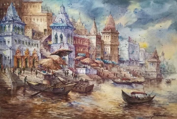 Religious watercolor painting titled 'Banaras Ghat Series 4', 15x22 inch, by artist Shubhashis Mandal on Handmade Paper