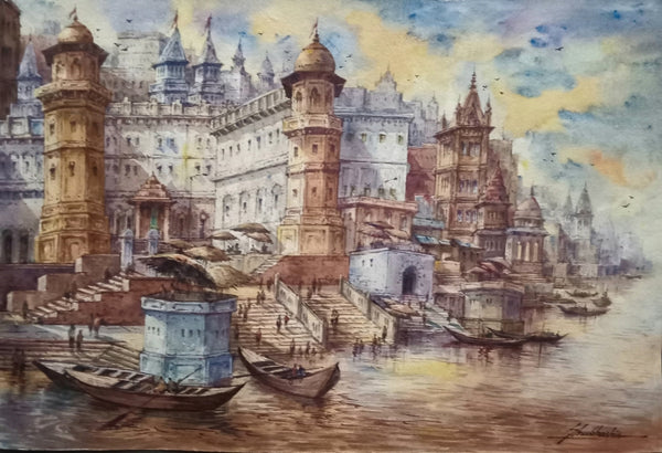 Religious watercolor painting titled 'Banaras Ghat Series 5', 15x22 inch, by artist Shubhashis Mandal on Handmade Paper