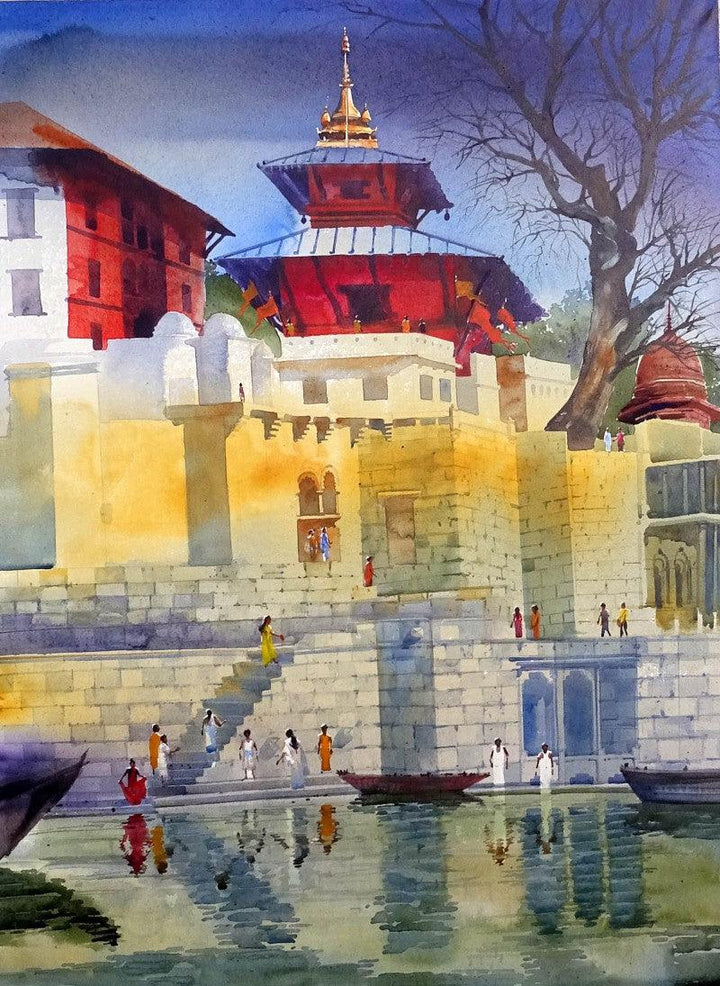 Cityscape acrylic painting titled 'Banaras Ghat XI', 36x24 inches, by artist Bhuwan Silhare on Canvas