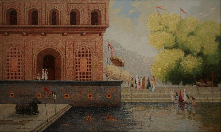 Cityscape acrylic painting titled 'Banaras Ghats', 36x60 inches, by artist Basavaraj Nalakar on Canvas