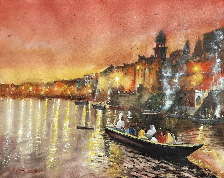 Cityscape watercolor painting titled 'Banaras Ghats in evening', 20x16 inches, by artist Mrutyunjaya Dash on paper