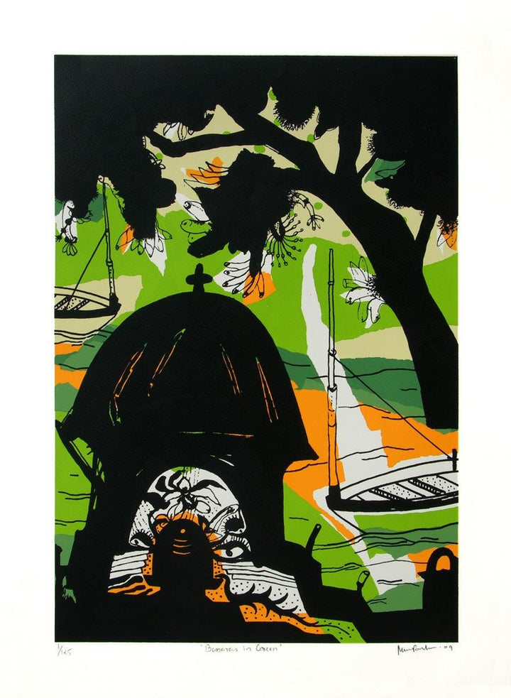 Cityscape serigraphs painting titled 'Banaras In Green', 27x20 inches, by artist Manu Parekh on Paper