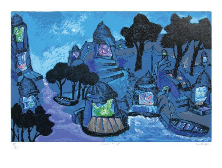 Cityscape serigraphs painting titled 'Banaras In Moonlight', 30x40 inches, by artist Manu Parekh on Paper