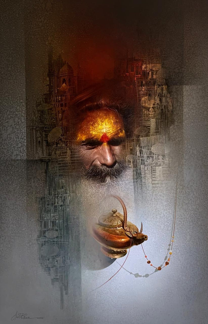 Religious acrylic-oil painting titled 'Banaras Sadhu 2', 60x40 inch, by artist Amit Bhar on Canvas