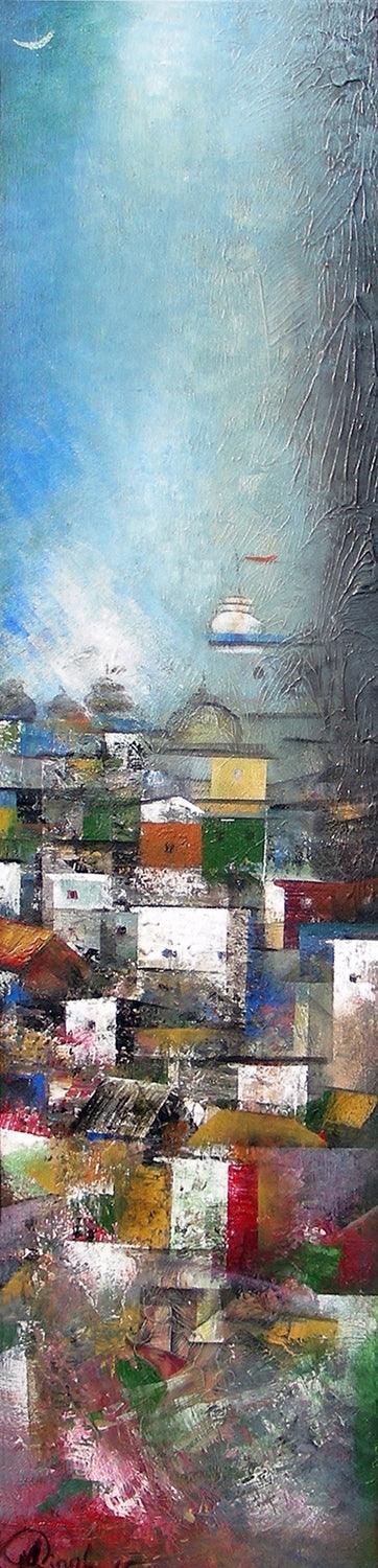 Abstract acrylic painting titled 'Banaras Street', 46x12 inches, by artist M Singh on Canvas Board