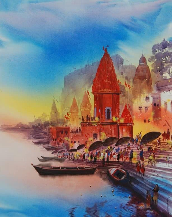 Cityscape acrylic painting titled 'Banaras Temple', 60x48 inches, by artist Anand Bekwad on Canvas