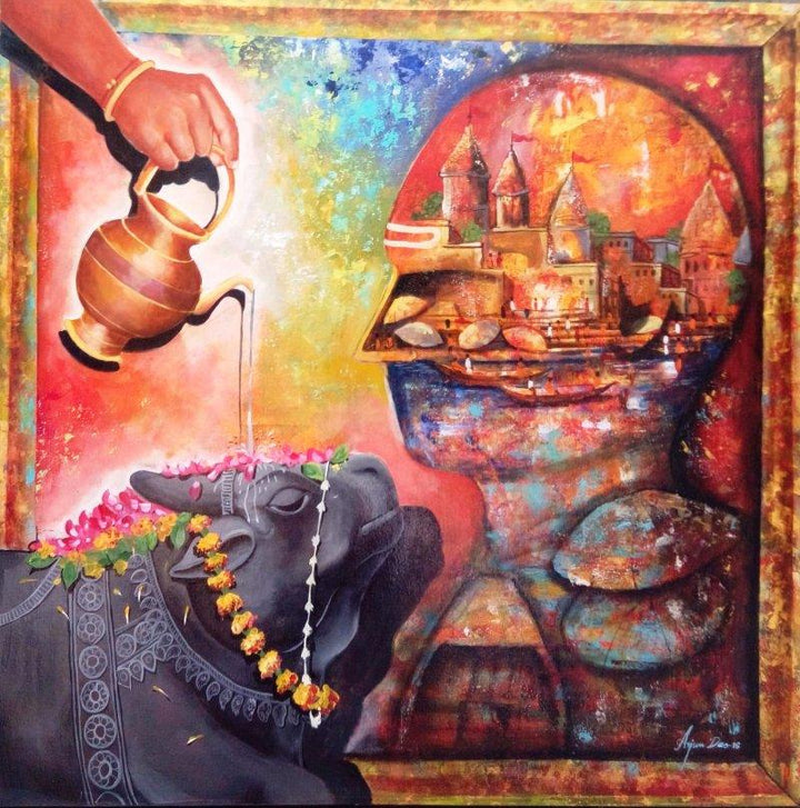 Religious acrylic painting titled 'Banarash Ghat 2', 36x36 inches, by artist Arjun Das on Canvas