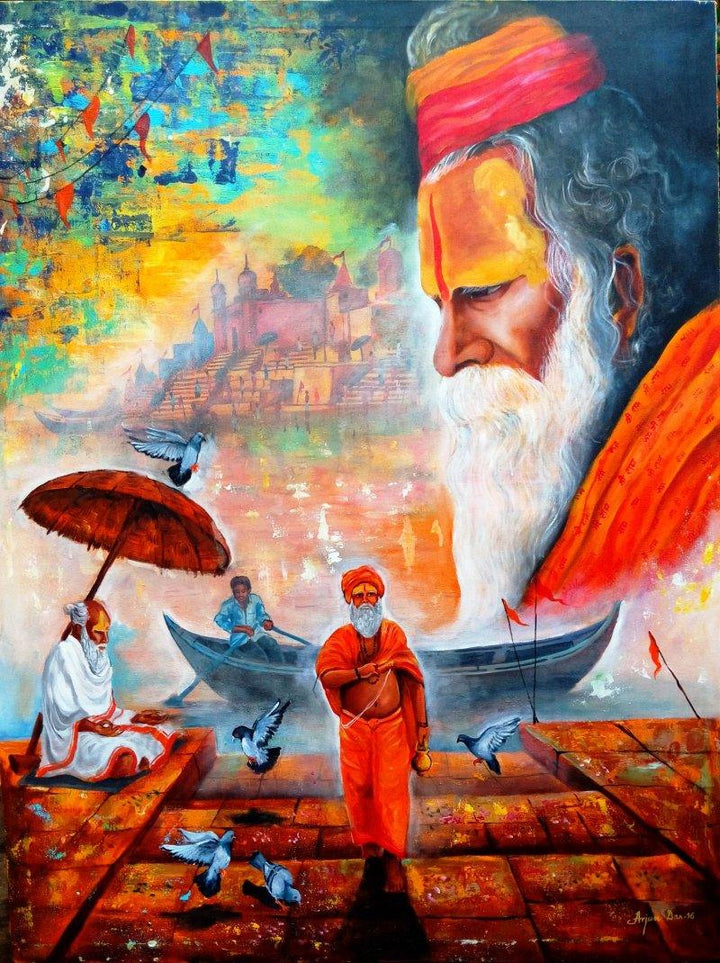 Figurative acrylic painting titled 'Banarash Ghat 3', 36x48 inches, by artist Arjun Das on Canvas