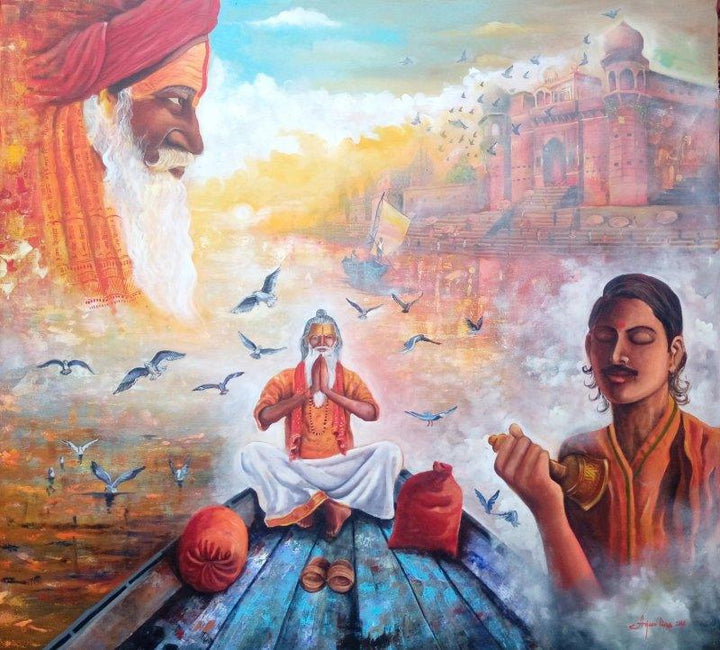 Religious acrylic painting titled 'Banarash ghat', 60x60 inches, by artist Arjun Das on Canvas