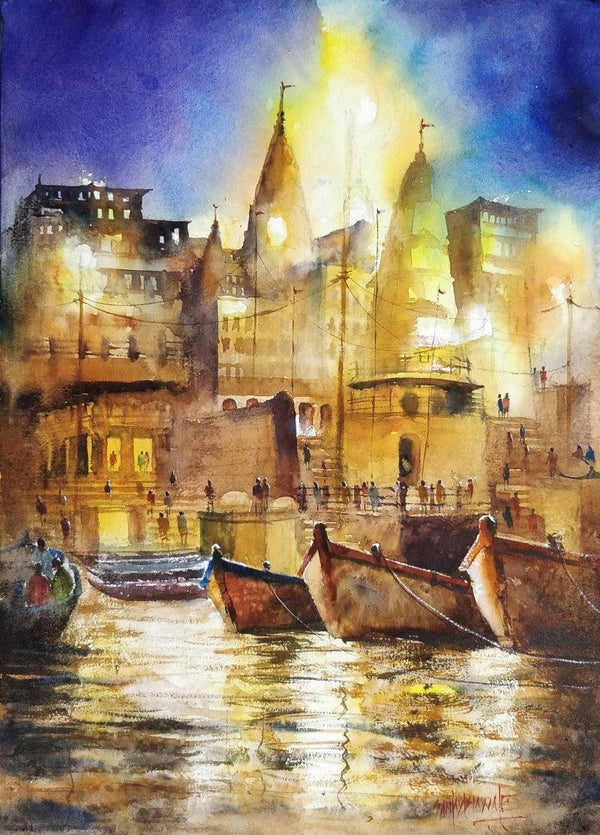 Landscape watercolor painting titled 'Banars Beauty', 14x20 inches, by artist Sanjay Dhawale on Handmade Paper