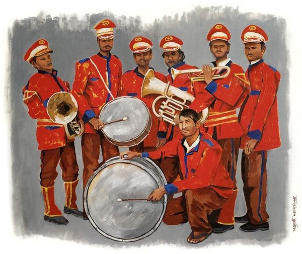 Figurative acrylic painting titled 'Band In Red', 24x36 inches, by artist Nagnath Mankeshwar on Canvas