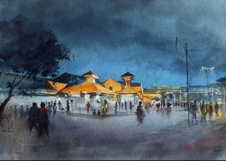 Cityscape watercolor painting titled 'Bandra Station', 20x14 inches, by artist Swapnil Mhapankar on Handmade Paper