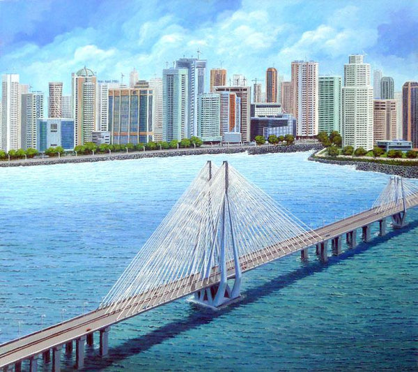 Cityscape acrylic painting titled 'Bandra Worli Sea Link', 30x34 inches, by artist DM Ajankar on Canvas