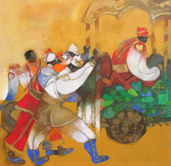 Figurative acrylic painting titled 'Bandwallah 2', 48x48 inches, by artist Chandramohan Kulkarni on Canvas