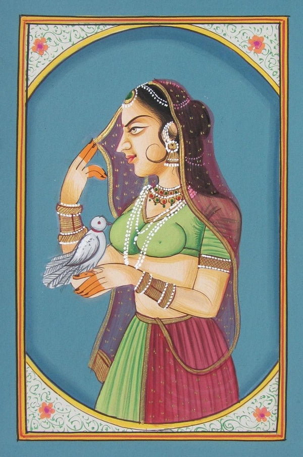 Figurative miniature traditional art titled 'Bani Thani With Bird', 7x5 inches, by artist Unknown on Paper