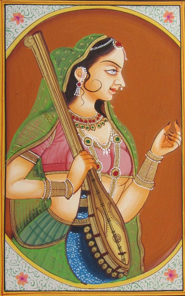 Figurative miniature traditional art titled 'Bani Thani With Sitar', 7x5 inches, by artist E Craft on Paper