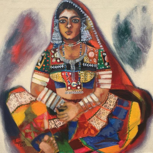 Figurative acrylic painting titled 'Banjara Woman', 24x24 inches, by artist Anjani Reddy on Canvas