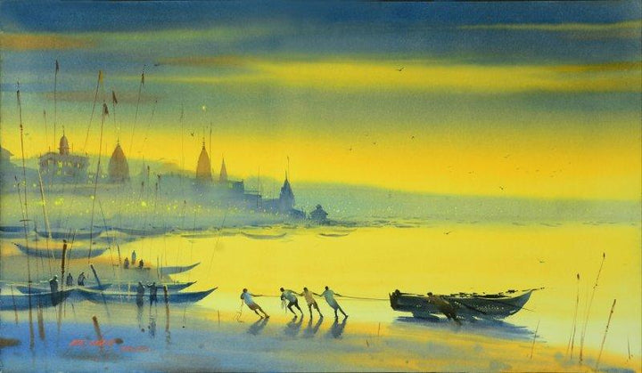 Nature watercolor painting titled 'Banks of Banaras Ganga', 22x45 inches, by artist Ganesh Hire on Paper