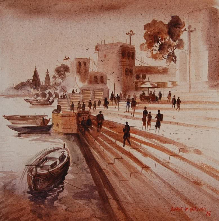 Cityscape acrylic painting titled 'Banras Ghat 3', 24x24 inches, by artist Anand Bekwad on Canvas