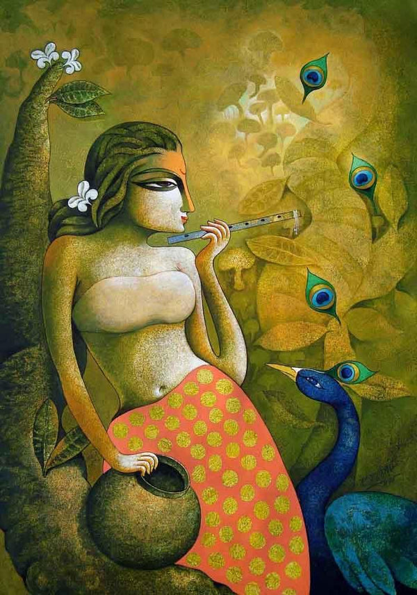 Figurative acrylic painting titled 'Bansidhar 21', 40x28 inches, by artist Ramchandra B Pokale on Canvas